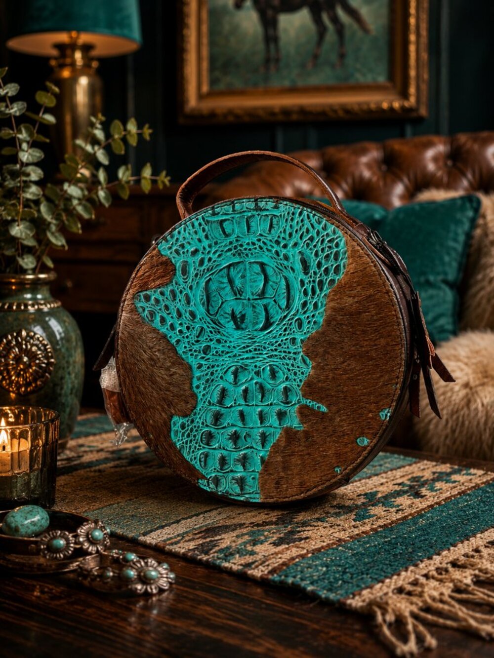 American Darling Croc Embossed Round Canteen Crossbody Bag Turquoise NWT